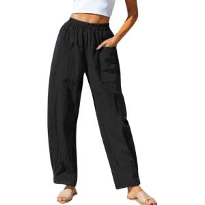 imageCHARTOU Womens Casual Thin Wide Leg Pants Baggy Elastic High Waisted Palazzo Pants Cargo Harem Beach PantsBlack
