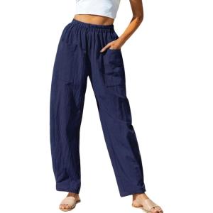 imageCHARTOU Womens Casual Thin Wide Leg Pants Baggy Elastic High Waisted Palazzo Pants Cargo Harem Beach PantsDark Blue