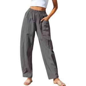 imageCHARTOU Womens Casual Thin Wide Leg Pants Baggy Elastic High Waisted Palazzo Pants Cargo Harem Beach PantsGrey