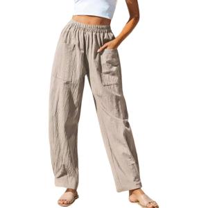 imageCHARTOU Womens Casual Thin Wide Leg Pants Baggy Elastic High Waisted Palazzo Pants Cargo Harem Beach PantsKhaki