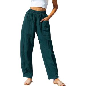 imageCHARTOU Womens Casual Thin Wide Leg Pants Baggy Elastic High Waisted Palazzo Pants Cargo Harem Beach PantsPeacock Green