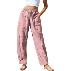 imageCHARTOU Womens Casual Thin Wide Leg Pants Baggy Elastic High Waisted Palazzo Pants Cargo Harem Beach PantsPink