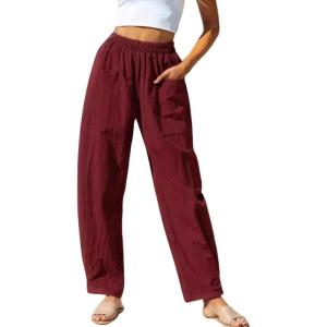 imageCHARTOU Womens Casual Thin Wide Leg Pants Baggy Elastic High Waisted Palazzo Pants Cargo Harem Beach PantsWine