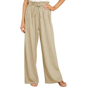 imageCHARTOU Womens Cotton Linen Loose Fit Palazzo Pants Casual Elastic High Waist Wide Leg Paper Bag Pants with PocketsKhaki