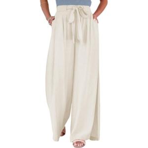 imageCHARTOU Womens Cotton Linen Loose Fit Palazzo Pants Casual High Waist Pleated Wide Leg Beach Pants with PocketsBeige