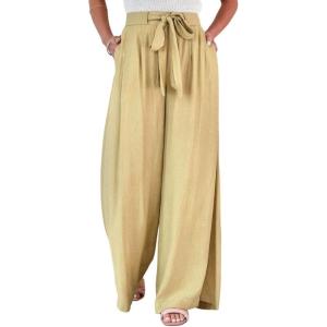 imageCHARTOU Womens Cotton Linen Loose Fit Palazzo Pants Casual High Waist Pleated Wide Leg Beach Pants with PocketsKhaki