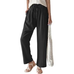 imageCHARTOU Womens Cotton Linen Palazzo Pants Casual Drawstring Elastic Waist Wide Leg Beach Pants with PocketsBlack