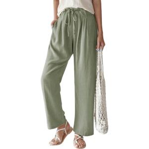 imageCHARTOU Womens Cotton Linen Palazzo Pants Casual Drawstring Elastic Waist Wide Leg Beach Pants with PocketsGreen
