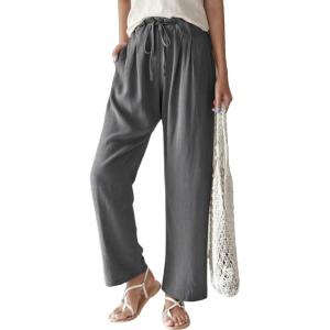 imageCHARTOU Womens Cotton Linen Palazzo Pants Casual Drawstring Elastic Waist Wide Leg Beach Pants with PocketsGrey
