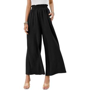 imageCHARTOU Womens Cotton Linen Wide Leg Pants Ruffled High Waisted Flare Loose Beach Palazzo PantsBlack
