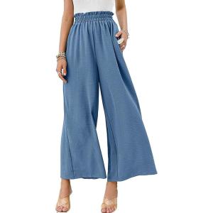 imageCHARTOU Womens Cotton Linen Wide Leg Pants Ruffled High Waisted Flare Loose Beach Palazzo PantsBlue