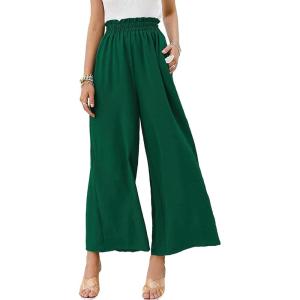 imageCHARTOU Womens Cotton Linen Wide Leg Pants Ruffled High Waisted Flare Loose Beach Palazzo PantsGreen