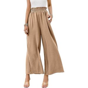 imageCHARTOU Womens Cotton Linen Wide Leg Pants Ruffled High Waisted Flare Loose Beach Palazzo PantsKhaki