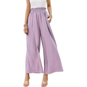 imageCHARTOU Womens Cotton Linen Wide Leg Pants Ruffled High Waisted Flare Loose Beach Palazzo PantsPurple