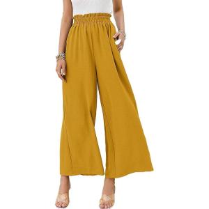 imageCHARTOU Womens Cotton Linen Wide Leg Pants Ruffled High Waisted Flare Loose Beach Palazzo PantsYellow
