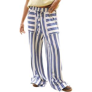 imageCHARTOU Womens Drawstring High Waisted Striped Palazzo Pants Wide Leg Casual Lounge Beach Pant TrousersBlue White