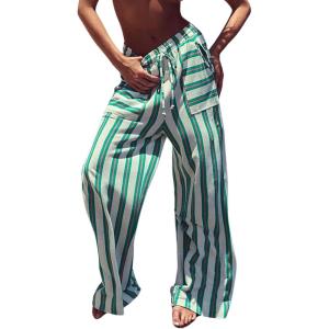 imageCHARTOU Womens Drawstring High Waisted Striped Palazzo Pants Wide Leg Casual Lounge Beach Pant TrousersGreen