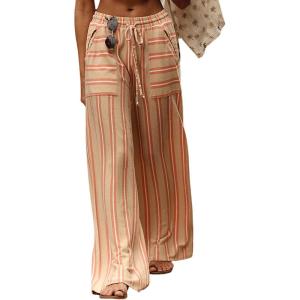 imageCHARTOU Womens Drawstring High Waisted Striped Palazzo Pants Wide Leg Casual Lounge Beach Pant TrousersKhaki