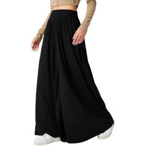 imageCHARTOU Womens Flowy Wide Leg Palazzo Pants Baggy High Waist Pleated Maxi Long Smocked SkirtBlack