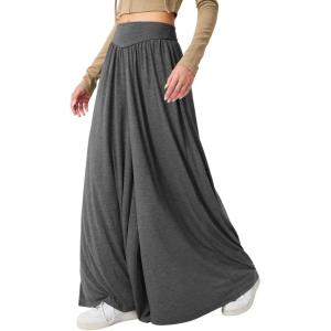 imageCHARTOU Womens Flowy Wide Leg Palazzo Pants Baggy High Waist Pleated Maxi Long Smocked SkirtDark Grey
