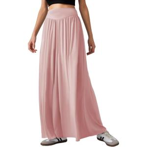 imageCHARTOU Womens Flowy Wide Leg Palazzo Pants Baggy High Waist Pleated Maxi Long Smocked SkirtPink