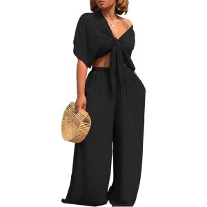 imageCHARTOU Womens Sexy 2 Piece Outfit Jumpsuit Tie Knot Crop Top Pocket Wide Leg Pants Beach PalazzoBlack