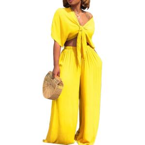 imageCHARTOU Womens Sexy 2 Piece Outfit Jumpsuit Tie Knot Crop Top Pocket Wide Leg Pants Beach PalazzoYellow