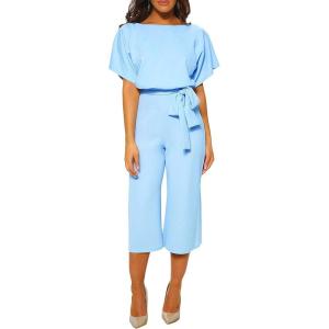 imageCHARTOU Womens Short Sleeve Bow Tie Wide Leg Cropped Capri Romper Palazzo Pants JumpsuitLight Blue