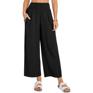 imageCHARTOU Womens Smocked High Waisted Palazzo Pants Baggy Cropped Wide Leg Casual Work Trousers with PocketsBlack