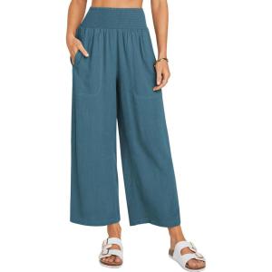 imageCHARTOU Womens Smocked High Waisted Palazzo Pants Baggy Cropped Wide Leg Casual Work Trousers with PocketsPeacock Blue