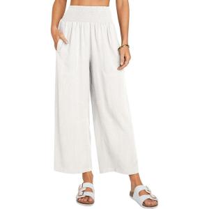imageCHARTOU Womens Smocked High Waisted Palazzo Pants Baggy Cropped Wide Leg Casual Work Trousers with PocketsWhite