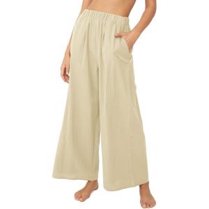 imageCHARTOU Womens Summer Beach Casual Cotton Linen High Rise Wide Leg Loose Palazzo PantsKhaki