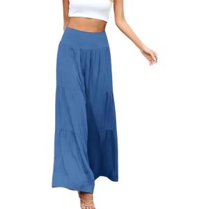 imageCHARTOU Womens Summer Wide Waist Shirred Wide Leg Loose Fit Long Palazzo PantsBlue