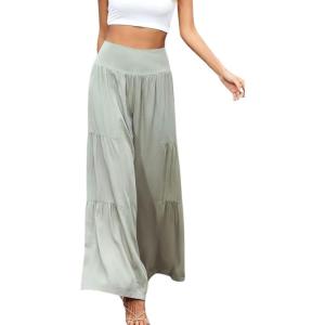imageCHARTOU Womens Summer Wide Waist Shirred Wide Leg Loose Fit Long Palazzo PantsGreen