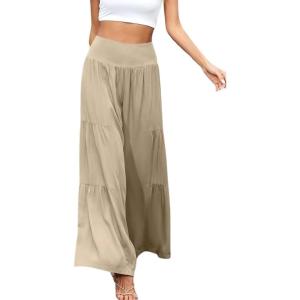 imageCHARTOU Womens Summer Wide Waist Shirred Wide Leg Loose Fit Long Palazzo PantsKhaki