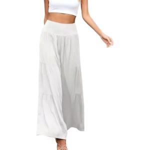imageCHARTOU Womens Summer Wide Waist Shirred Wide Leg Loose Fit Long Palazzo PantsWhite
