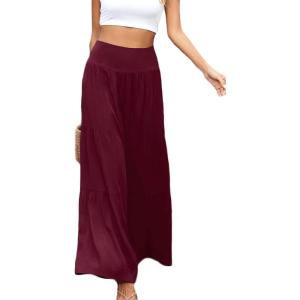 imageCHARTOU Womens Summer Wide Waist Shirred Wide Leg Loose Fit Long Palazzo PantsWine Red