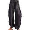 imageCHARTOU Women Denim Palazzo Pants Jeans Flare Elastic Waist Wide Leg Pants Raw Frayed Hem Jeans Flowy Ruffle PantsBlack