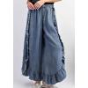 imageCHARTOU Women Denim Palazzo Pants Jeans Flare Elastic Waist Wide Leg Pants Raw Frayed Hem Jeans Flowy Ruffle PantsBlue