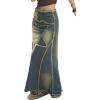 imageCHARTOU Women Frayed Hem Denim Maxi Skirt Floor Length Long Jean Skirt Distressed Patchwork Cargo SkirtBlue