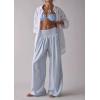 imageCHARTOU Women Gingham High Waist Smocked Palazzo Pants Baggy Wide Leg Pants Flowy Pleated Beach TrouserBlue