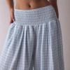 imageCHARTOU Women Gingham High Waist Smocked Palazzo Pants Baggy Wide Leg Pants Flowy Pleated Beach TrouserBlue