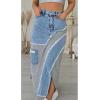 imageCHARTOU Women High Waist Patchwork Frayed Denim Skirt Asymmetrical Slit Distressed Long Jean SkirtsBlue
