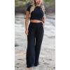 imageCHARTOU Womens Summer Casual 2 Piece Set Outfits Crop Top T Shirt Wide Leg Beach Pants PalazzoBlack