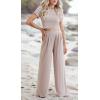 imageCHARTOU Womens Summer Casual 2 Piece Set Outfits Crop Top T Shirt Wide Leg Beach Pants PalazzoKhaki