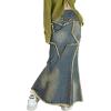 imageCHARTOU Women Frayed Hem Denim Maxi Skirt Floor Length Long Jean Skirt Distressed Patchwork Cargo SkirtBlue