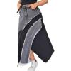 imageCHARTOU Women High Waist Patchwork Frayed Denim Skirt Asymmetrical Slit Distressed Long Jean SkirtsBlack