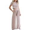 imageCHARTOU Womens Summer Casual 2 Piece Set Outfits Crop Top T Shirt Wide Leg Beach Pants PalazzoKhaki
