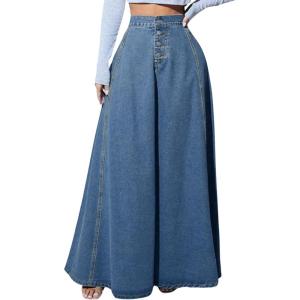 imageCHARTOU High Waisted Maxi Denim Skirt Women Elegant Pleated Button Up Patchwork Flowy Long Jean SkirtsDark Blue