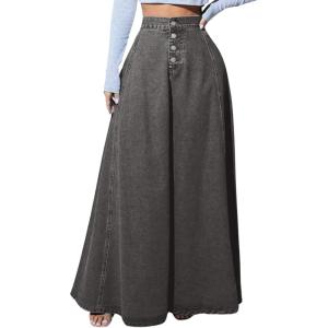 imageCHARTOU High Waisted Maxi Denim Skirt Women Elegant Pleated Button Up Patchwork Flowy Long Jean SkirtsGrey